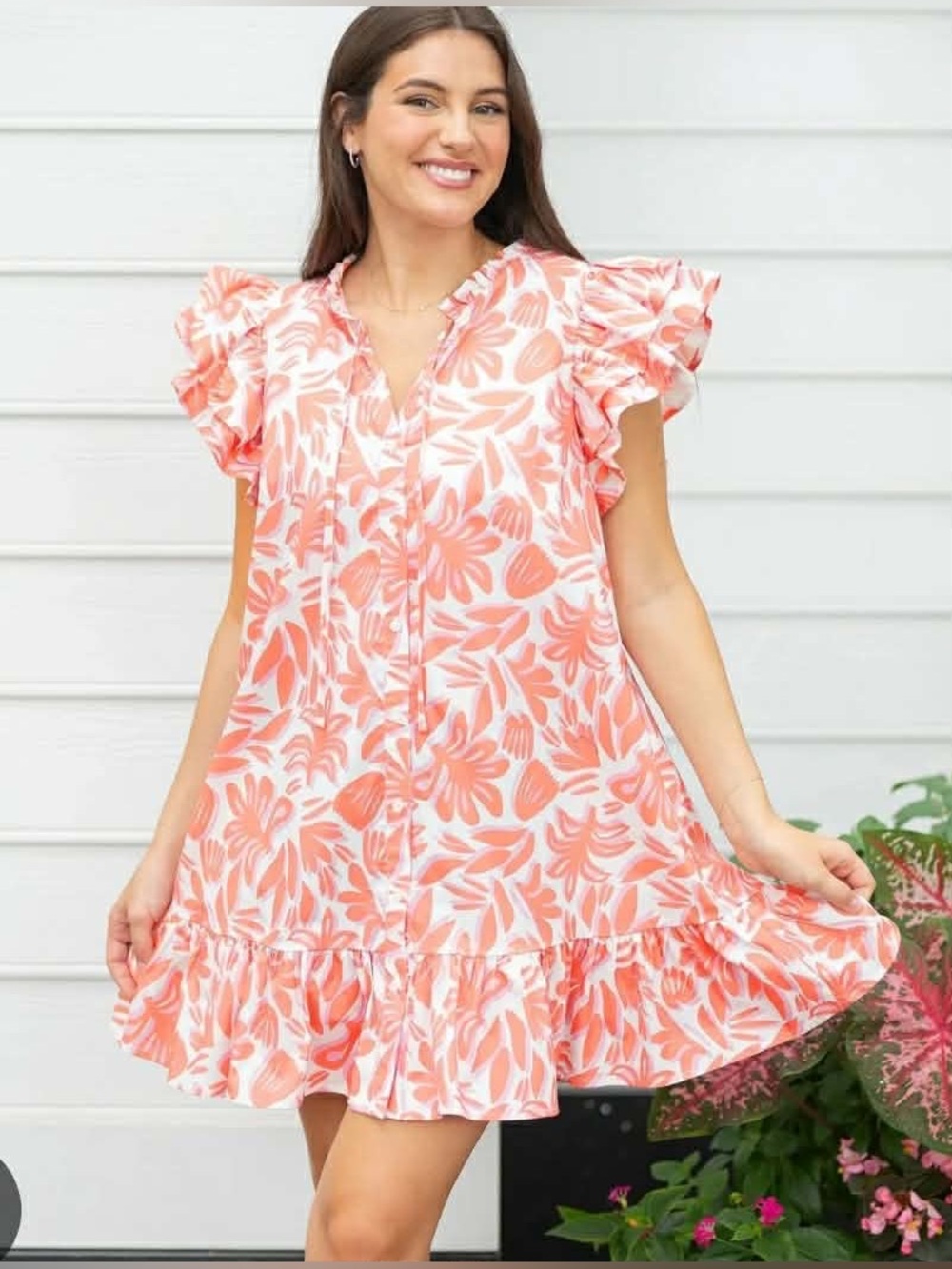 Coral Floral Ruffle Mini Dress - Women's